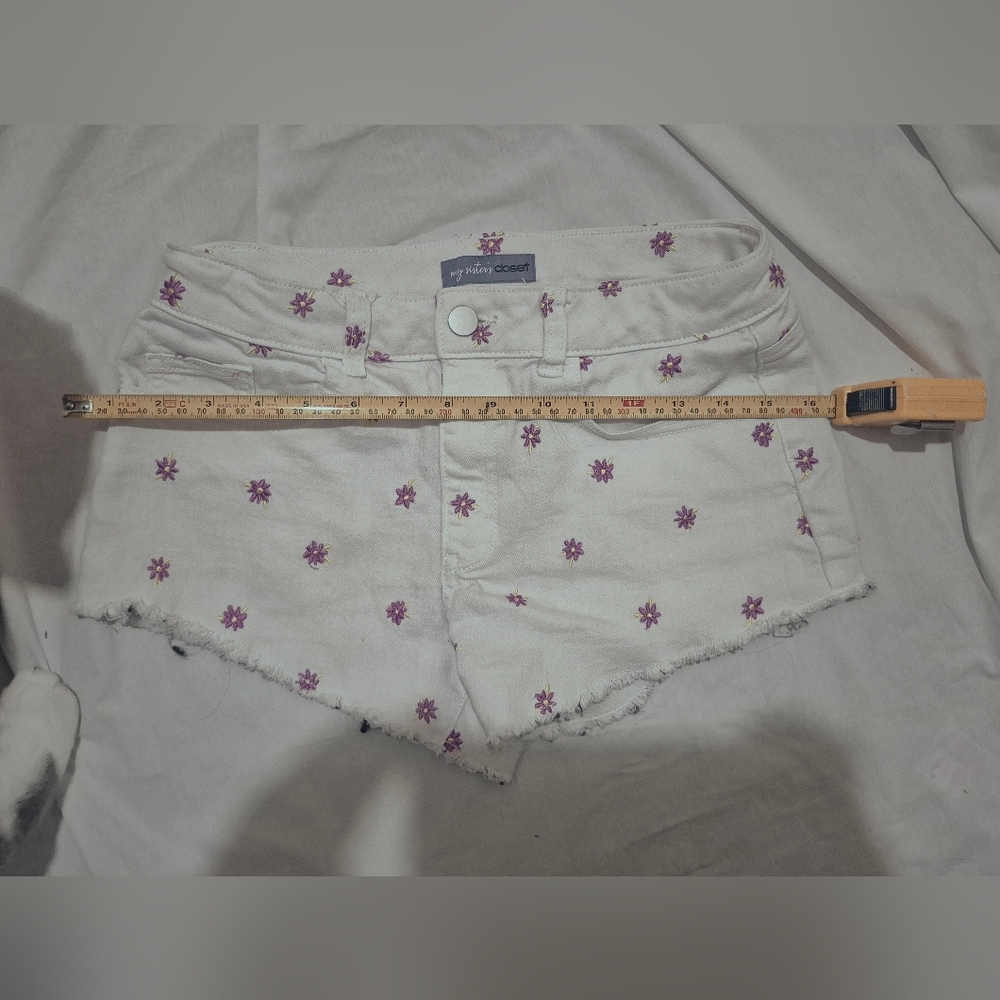 American Eagle Outfitters White Denim Shorts with Purple Floral Embroidery